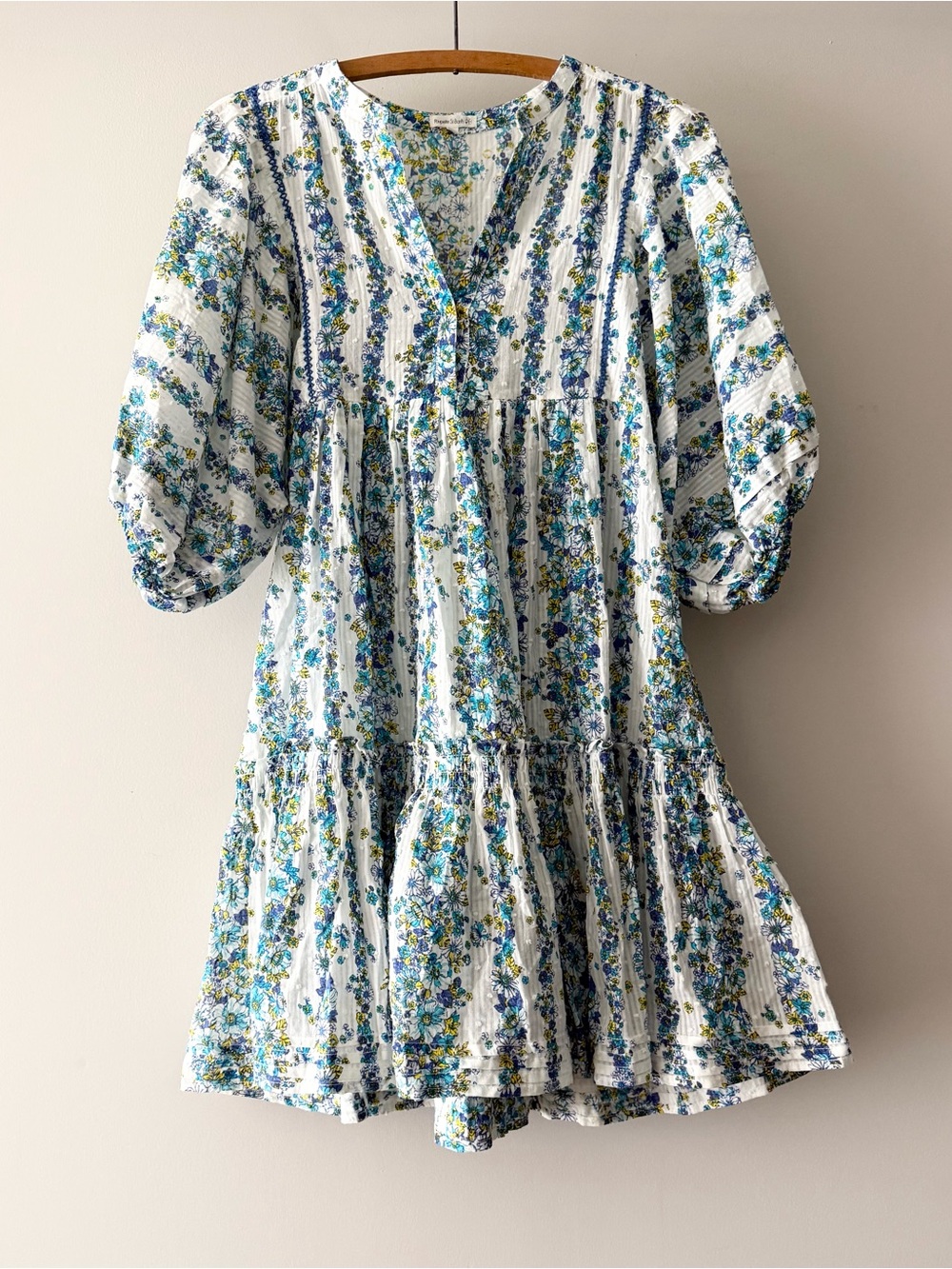 Papette St Barth Blue Floral Puff Sleeve Mini Dress | Women’s Small/Medium